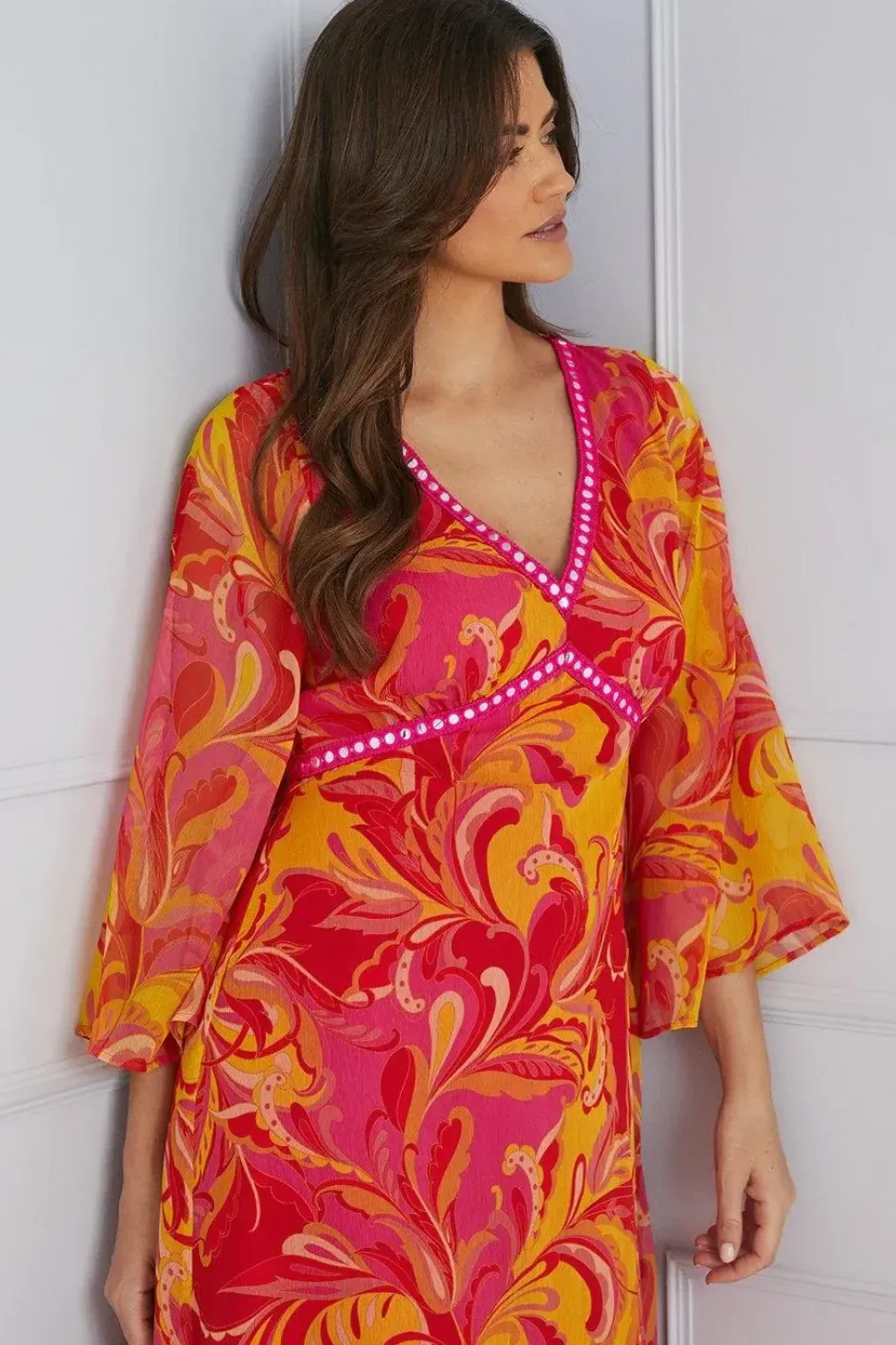 Paisley Print Trim Detail Midaxi Dress