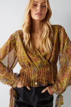 Paisley Print V Neck Pleat Hem Chiffon Blouse
