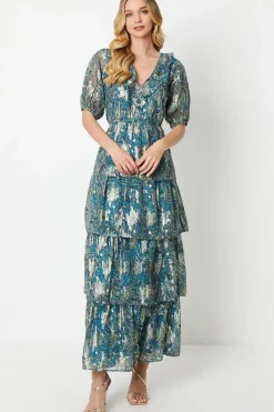 Paisley Ruffle Metallic Jacquard Tiered Midi Dress