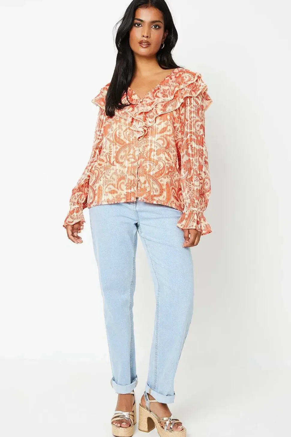 Paisley Ruffle Neckline Burnout Chiffon Blouse