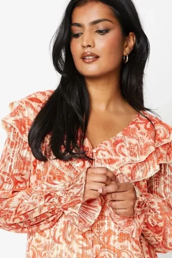 Paisley Ruffle Neckline Burnout Chiffon Blouse