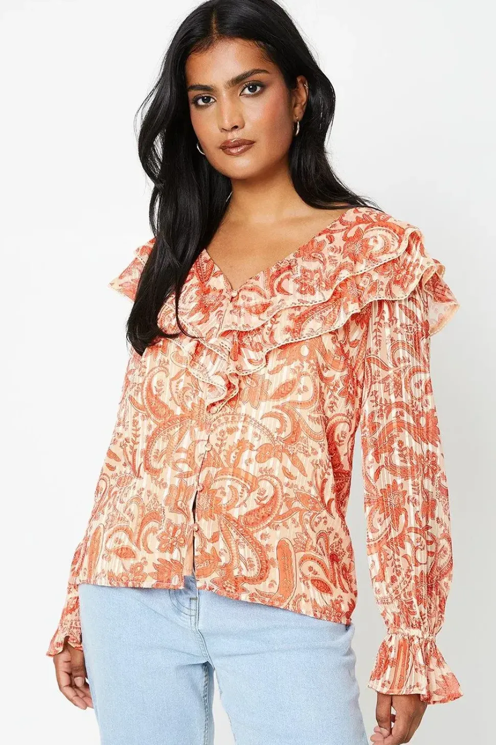 Paisley Ruffle Neckline Burnout Chiffon Blouse
