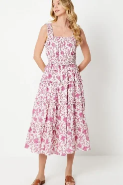 Paisley Shirred Strap Ruffle Detail Midi Dress
