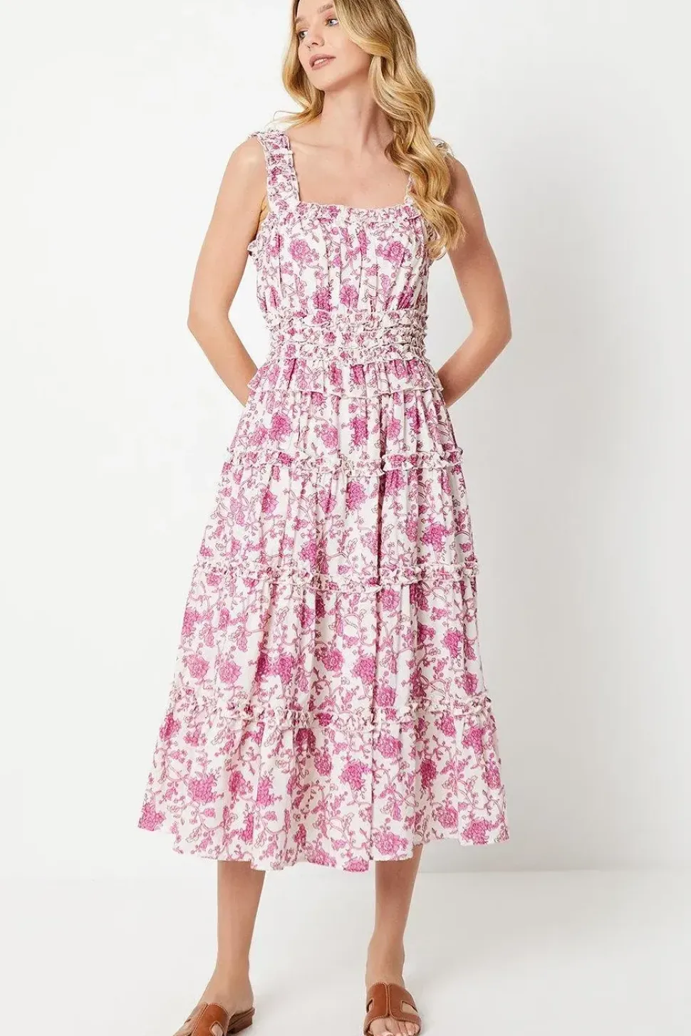 Paisley Shirred Strap Ruffle Detail Midi Dress