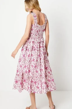 Paisley Shirred Strap Ruffle Detail Midi Dress
