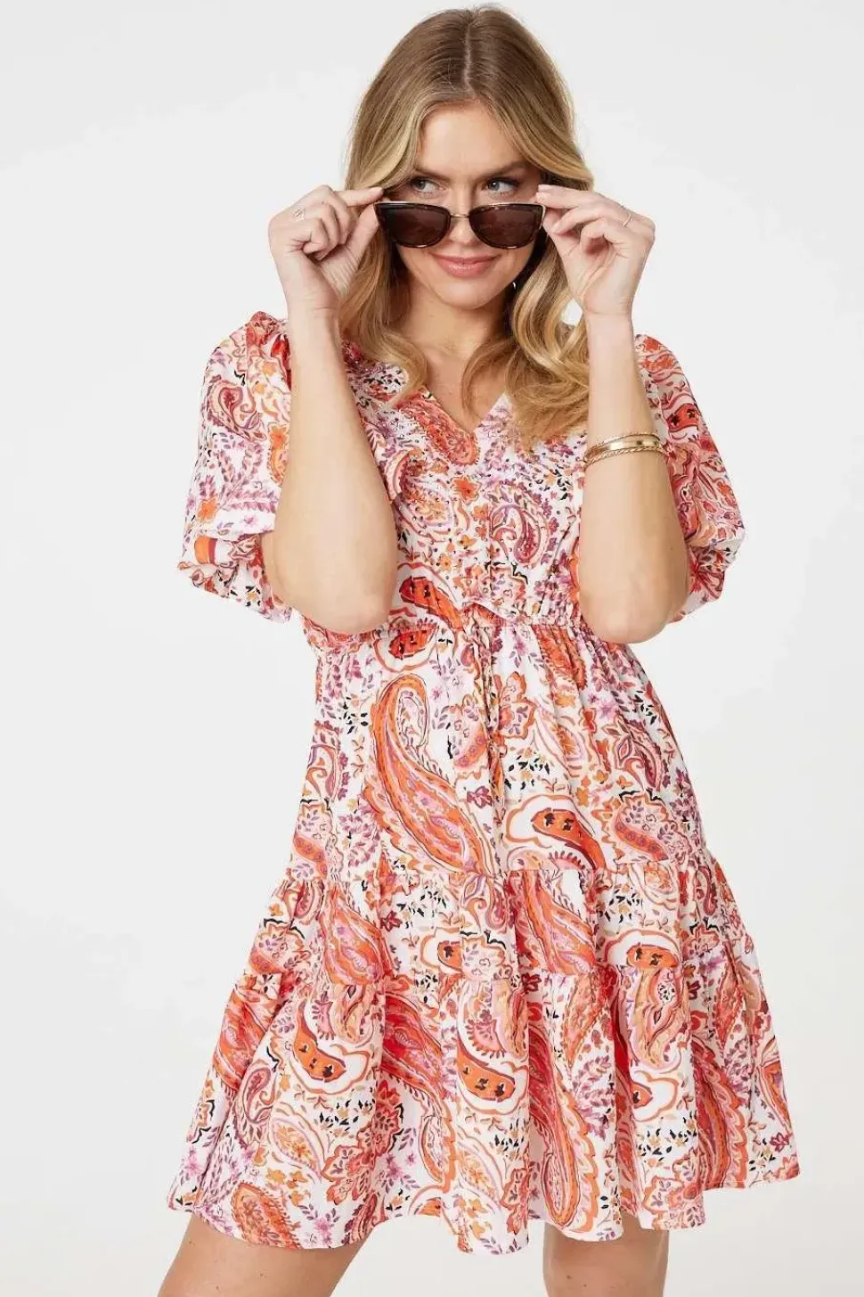 Paisley Short Puff Sleeve Mini Dress