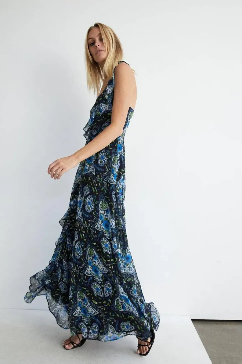 Paisley Strappy Ruffle Wrap Maxi Dress