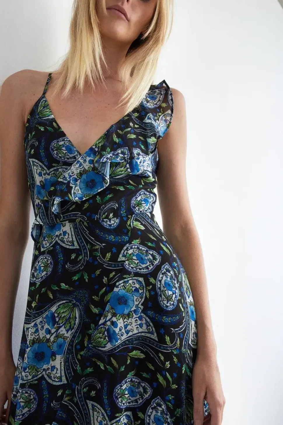 Paisley Strappy Ruffle Wrap Maxi Dress