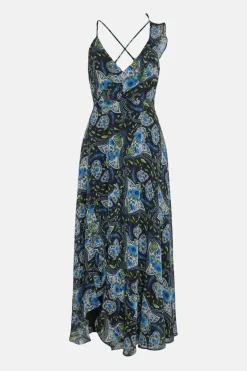 Paisley Strappy Ruffle Wrap Maxi Dress