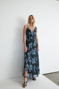 Paisley Strappy Ruffle Wrap Maxi Dress