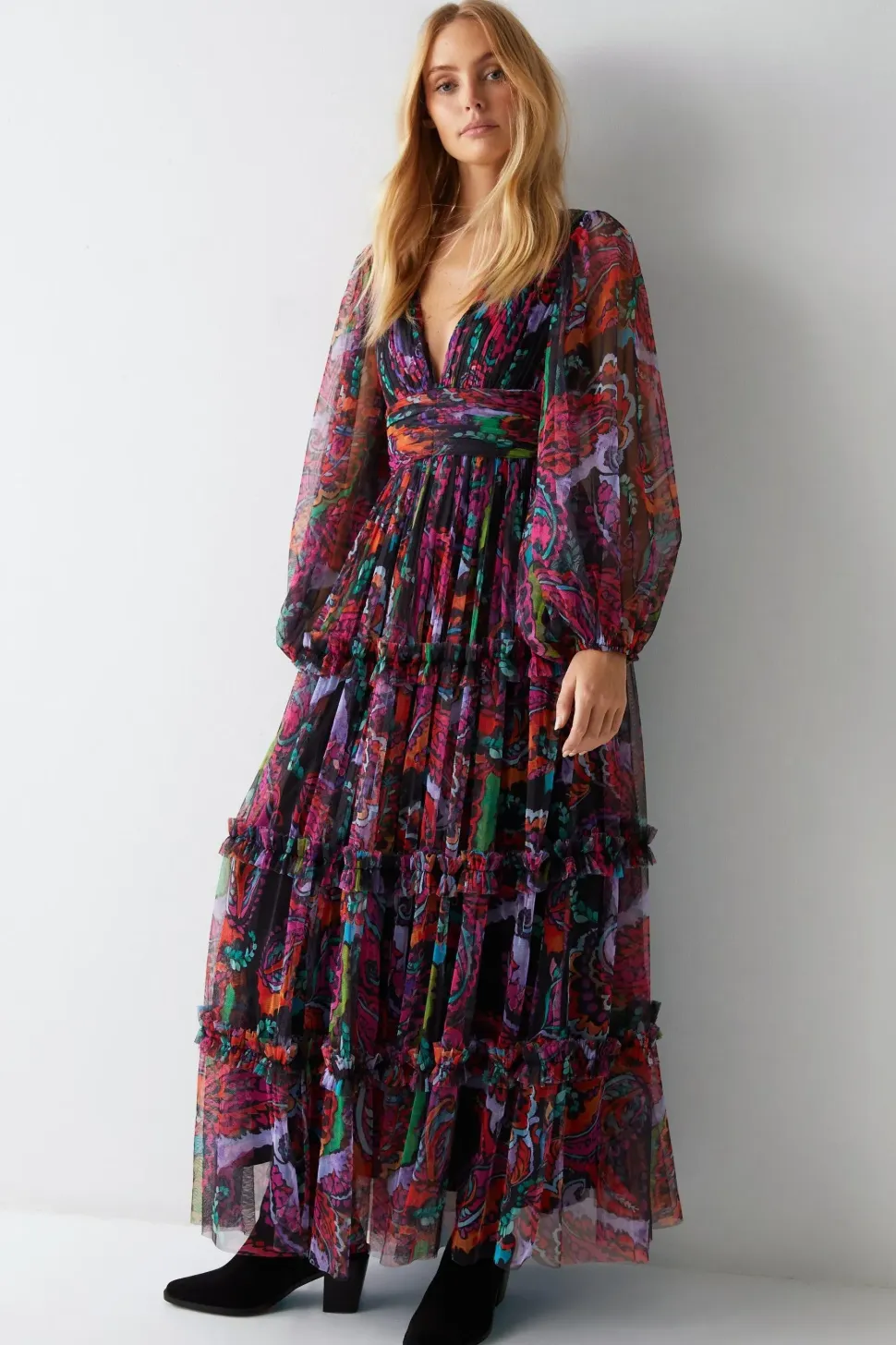 Paisley Tulle Balloon Sleeve Tiered Maxi Dress