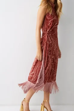 Paisley Velvet Fringe Halterneck Dress