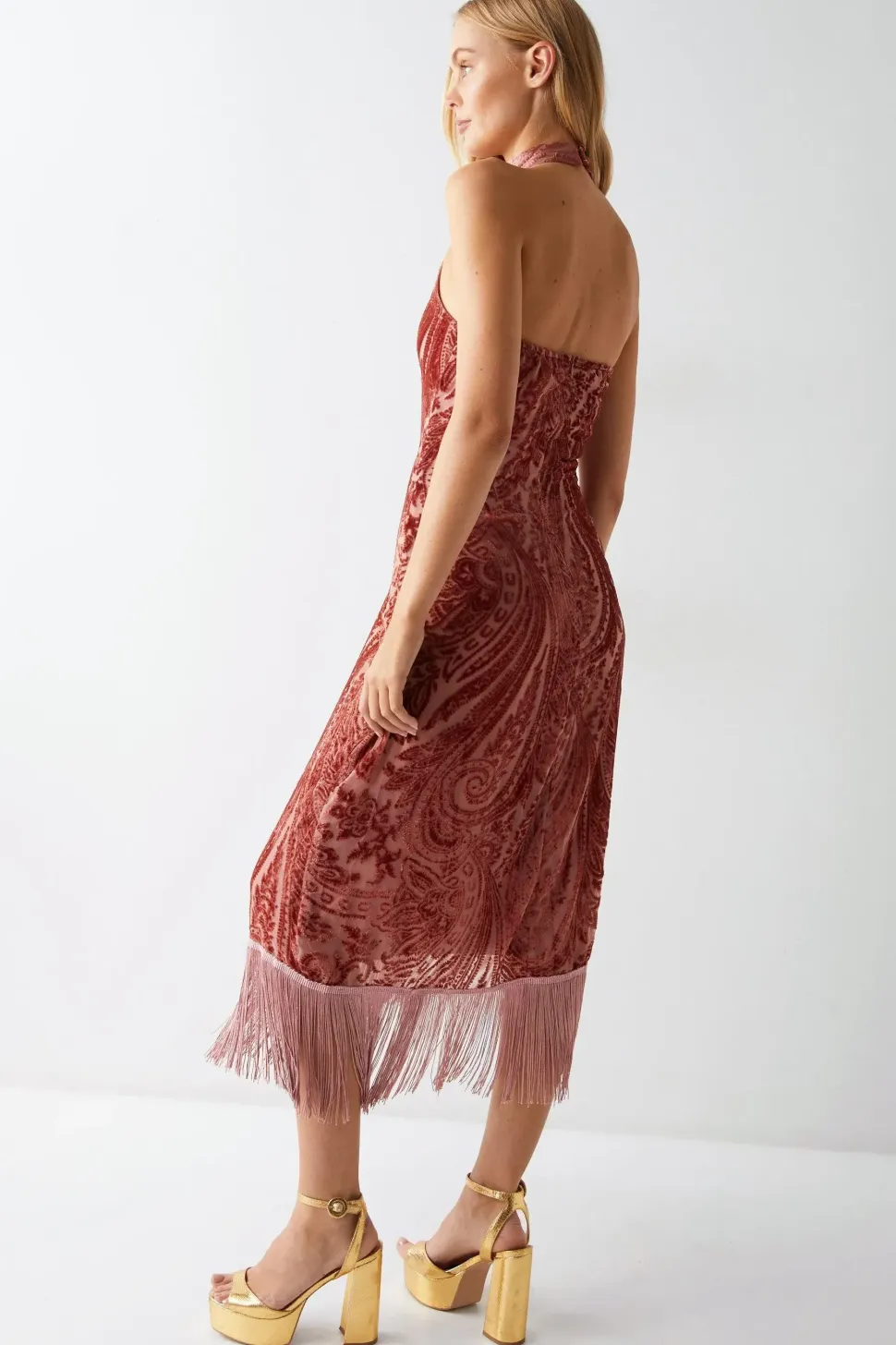 Paisley Velvet Fringe Halterneck Dress