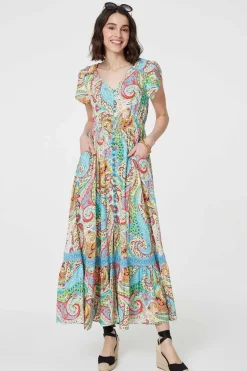 Paisley V-Neck Button Detail Maxi Dress