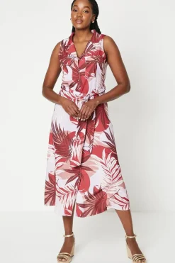 Palm Print Sleeveless Belted Shirt Dress