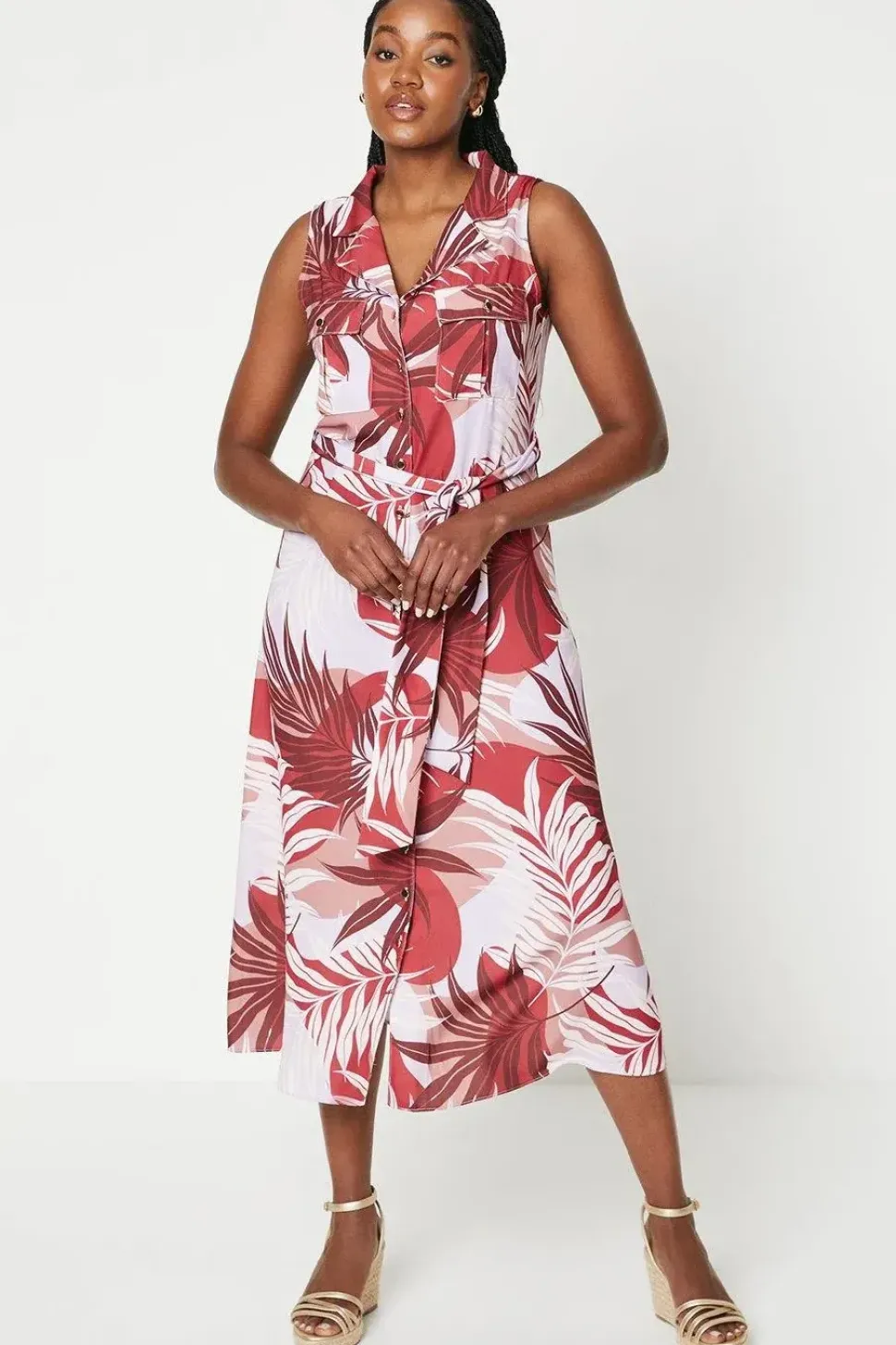 Palm Print Sleeveless Belted Shirt Dress