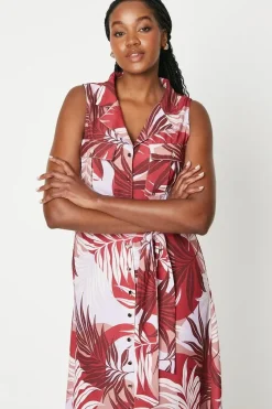 Palm Print Sleeveless Belted Shirt Dress