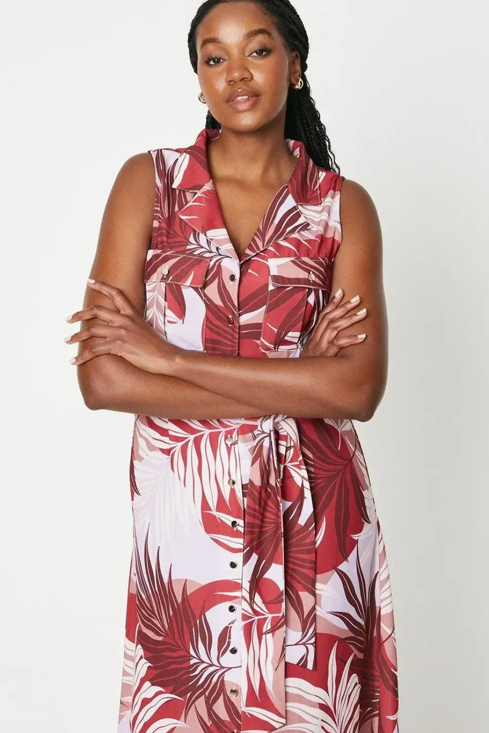 Palm Print Sleeveless Belted Shirt Dress