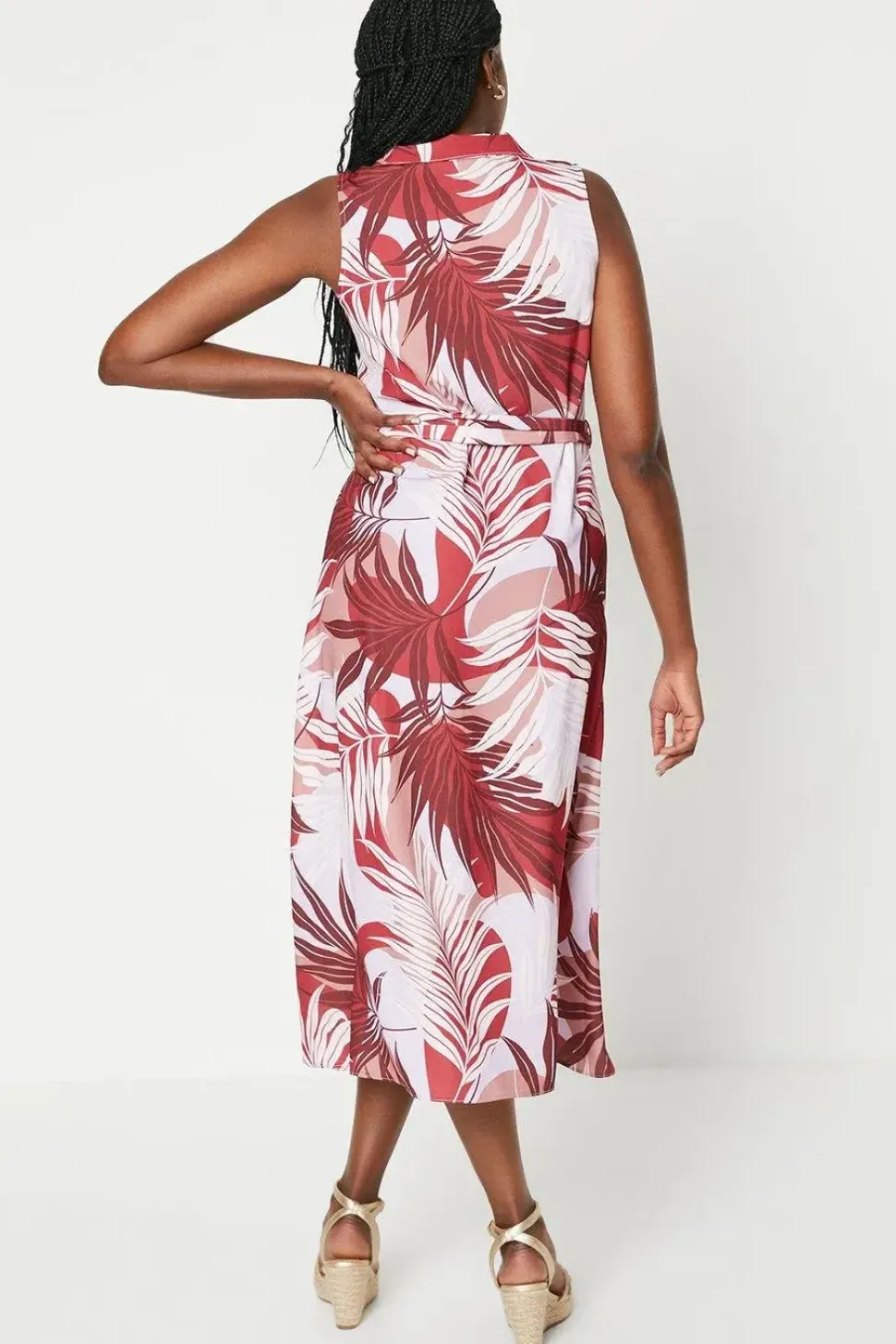 Palm Print Sleeveless Belted Shirt Dress