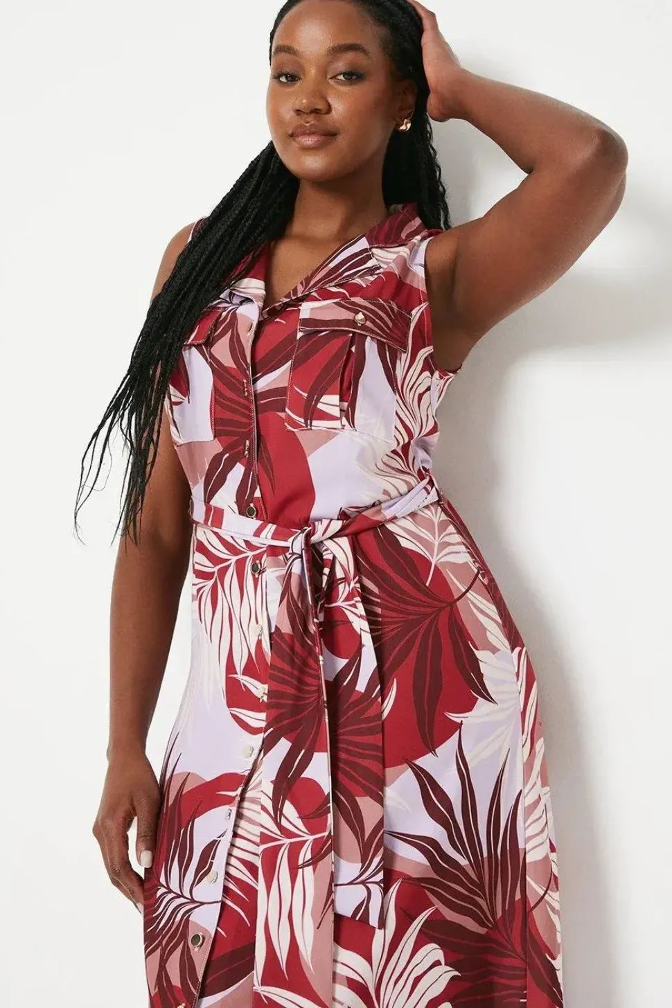 Palm Print Sleeveless Belted Shirt Dress