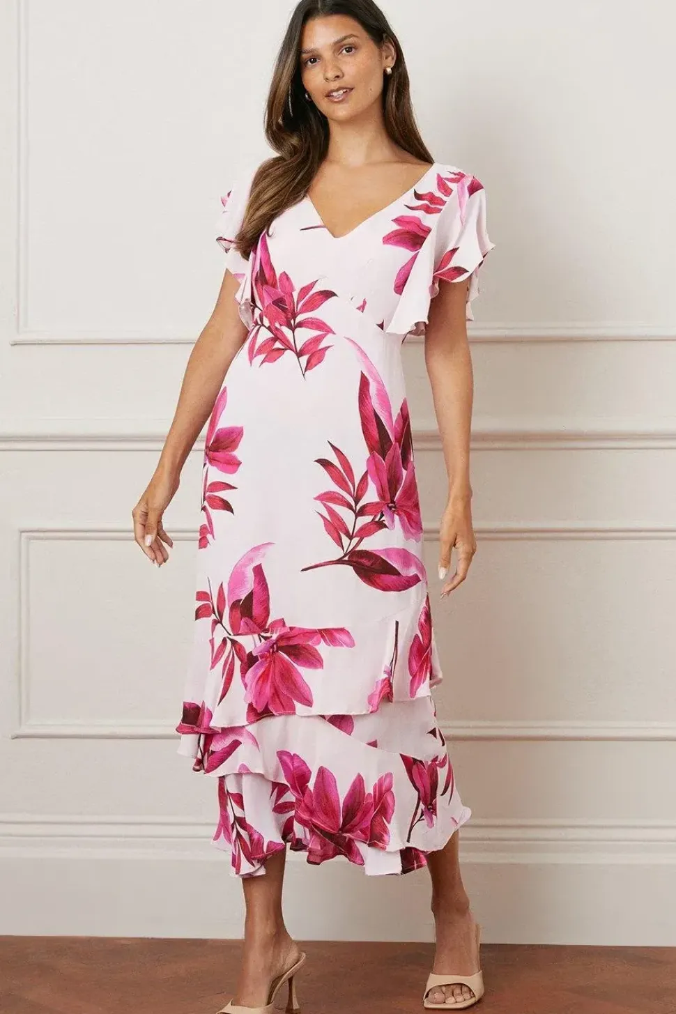 Palm Ruffle Sleeve Tiered Midaxi Dress