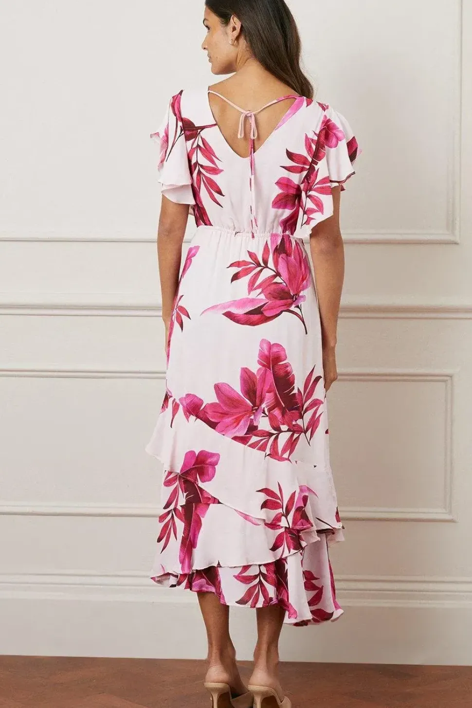 Palm Ruffle Sleeve Tiered Midaxi Dress