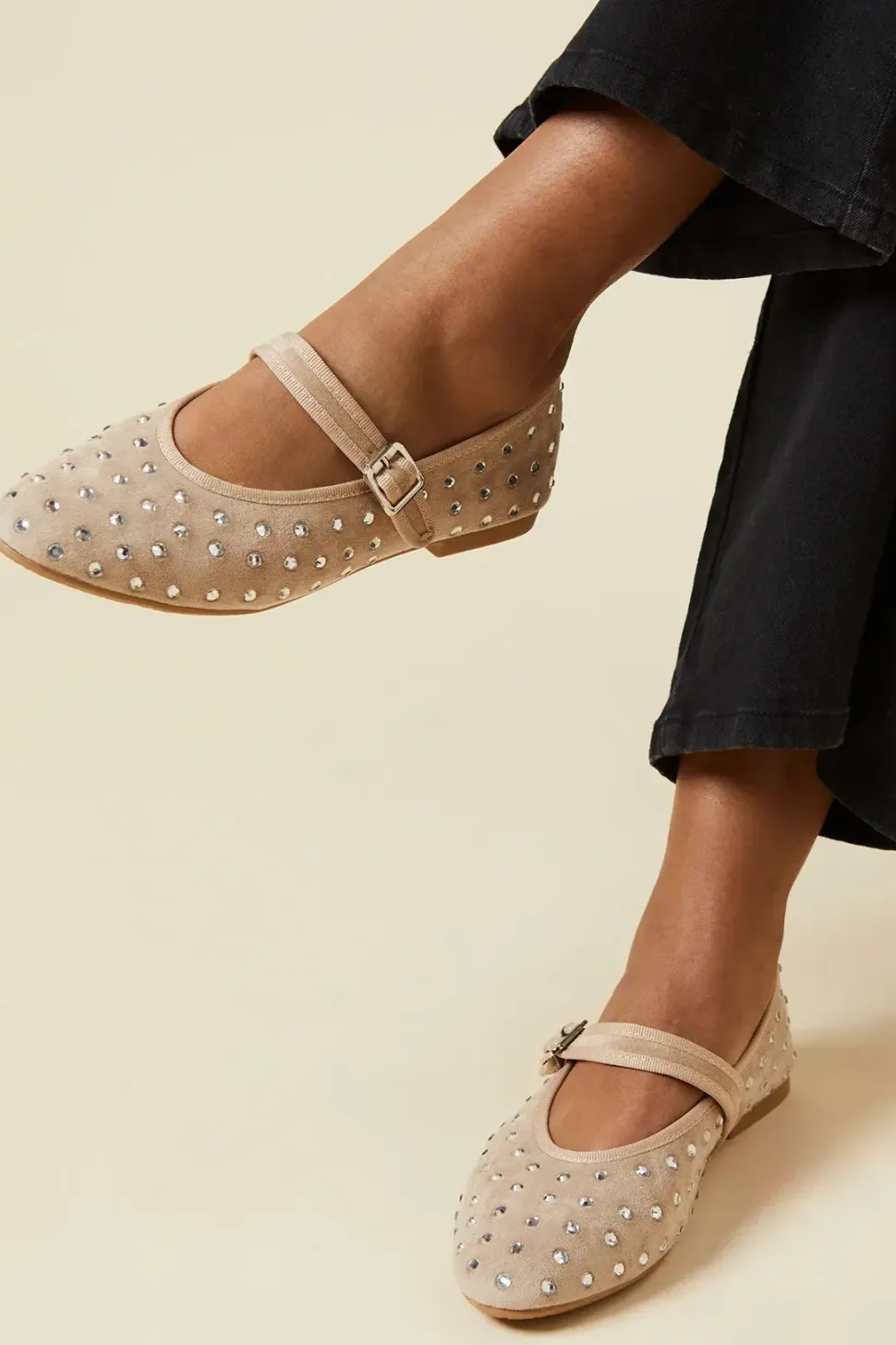 Pandoras Faux Suede Diamante Mary Jane Ballet Pumps