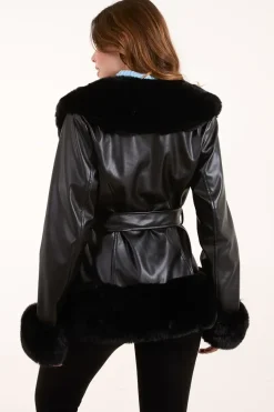 Panel Fur PU Belted Coat