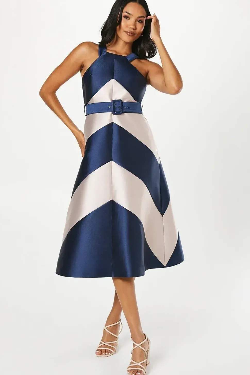 Panelled Colour Block Satin Twill Midi Wedding Guest Dress
