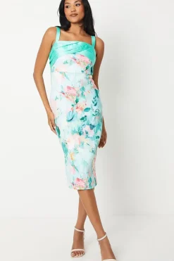 Panelled Twill Bodice Ruffle Back Scuba Pencil Dress