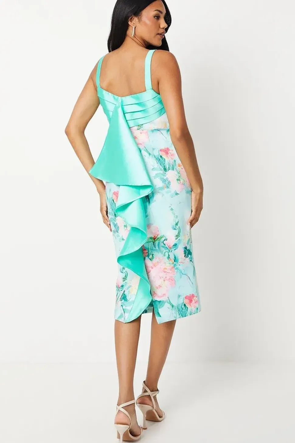 Panelled Twill Bodice Ruffle Back Scuba Pencil Dress