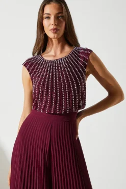 Party Diamante Chiffon Pleated Jumpsuit