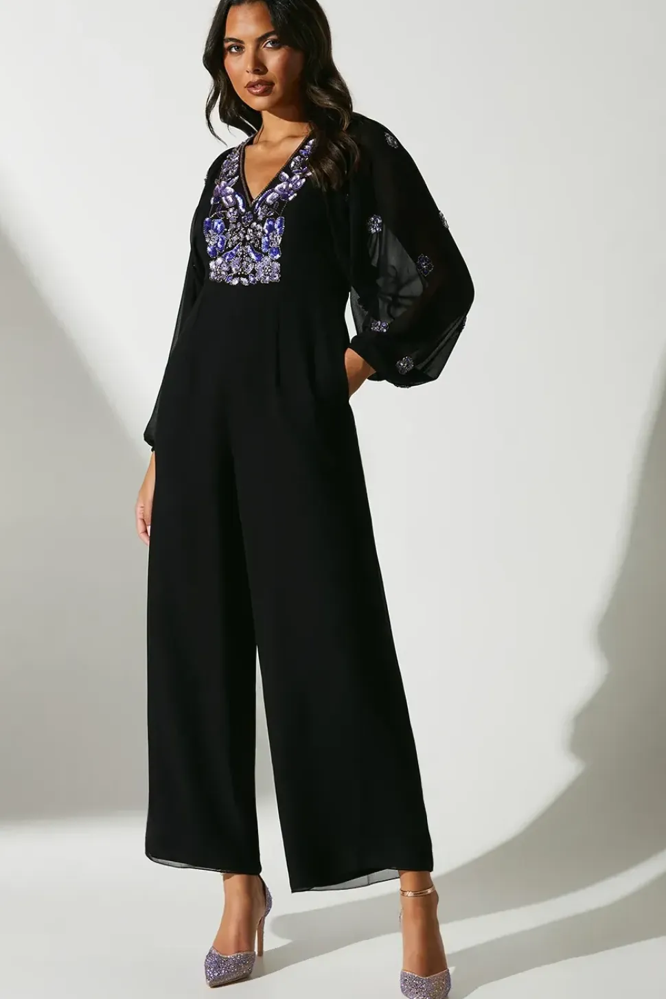 Party Embellished Long Sleeve Batwing Jumpsuit