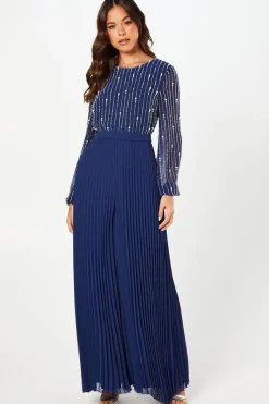 Party Embellished Long Sleeve Pleated Jumpsuit