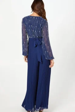 Party Embellished Long Sleeve Pleated Jumpsuit