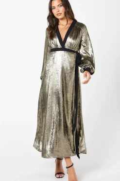 Party Metallic Long Sleeve Wrap Dress
