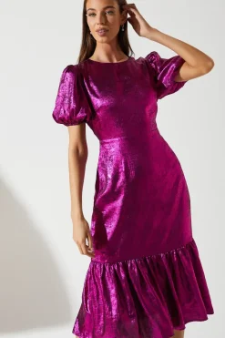 Party Metallic Midi Dress With Puff Sleeve