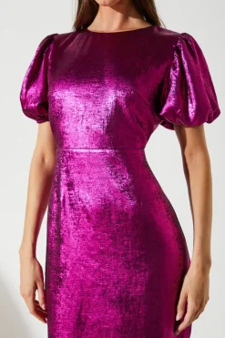 Party Metallic Midi Dress With Puff Sleeve