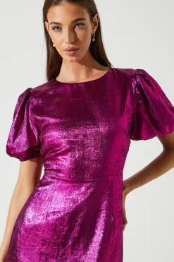 Party Metallic Midi Dress With Puff Sleeve