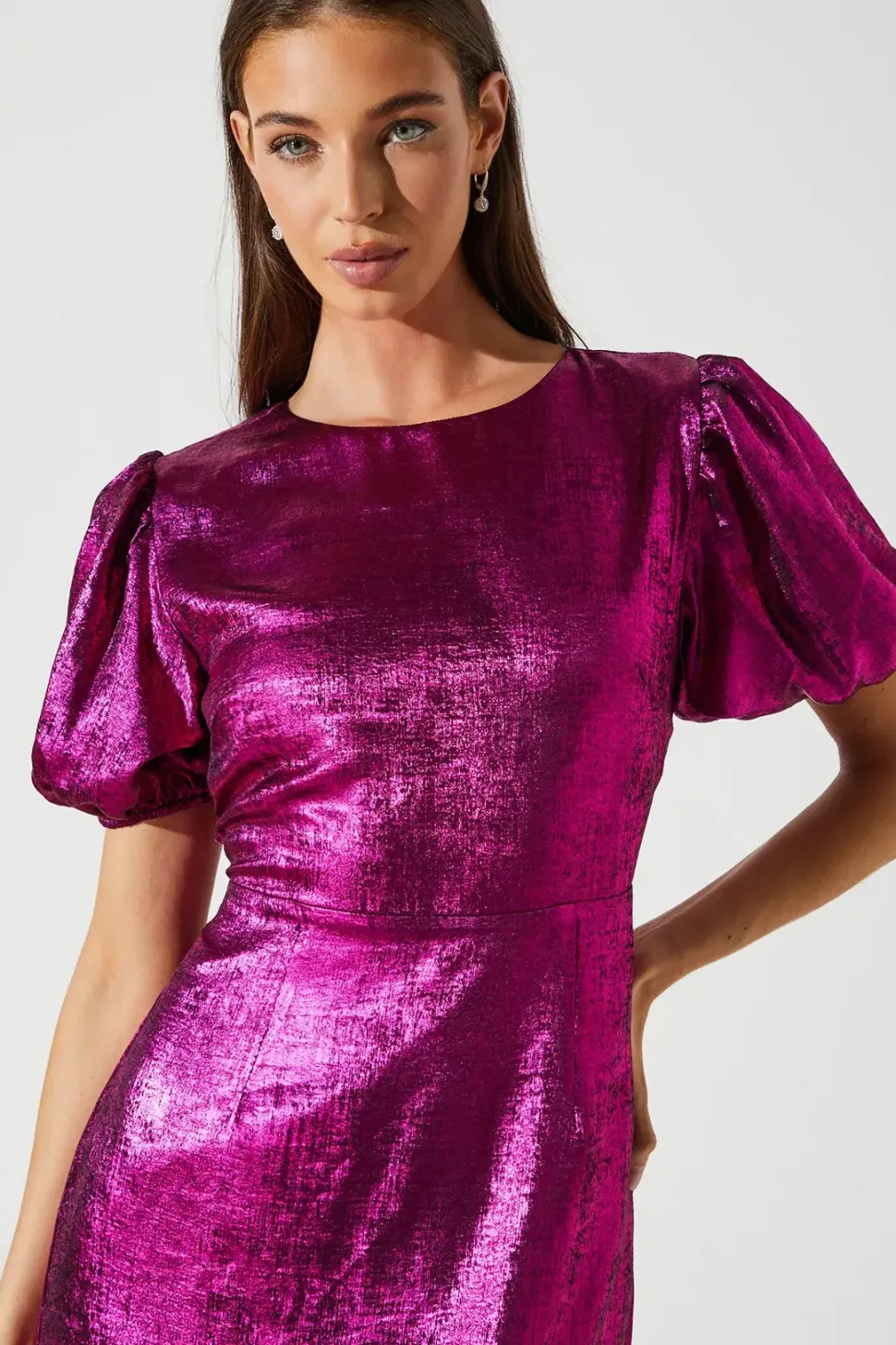 Party Metallic Midi Dress With Puff Sleeve