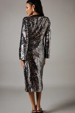 Party Rainbow Sequin Long Sleeve Satin Midi Dress