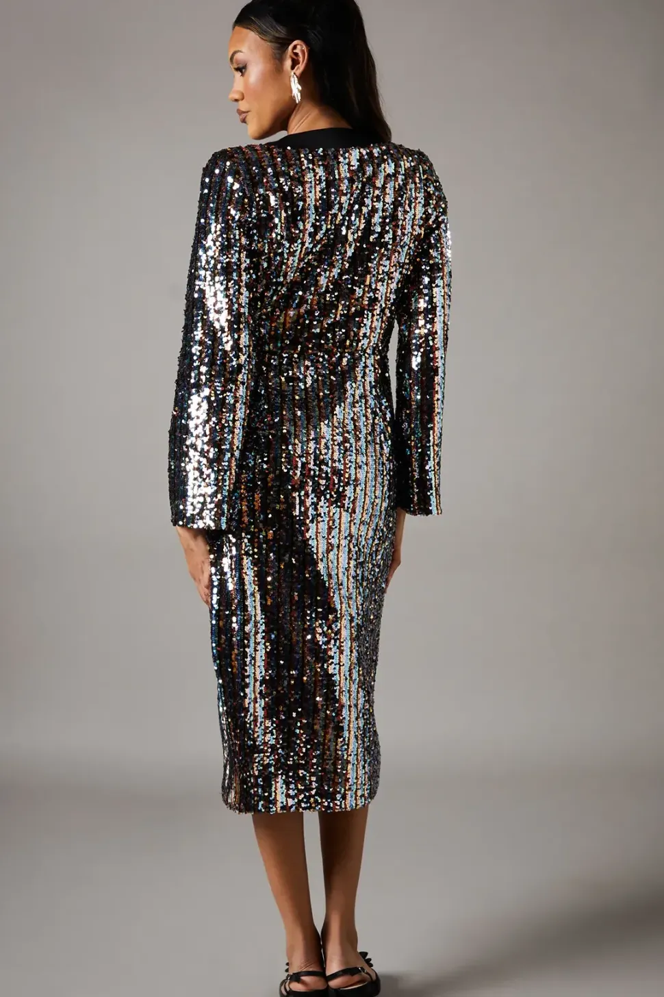 Party Rainbow Sequin Long Sleeve Satin Midi Dress
