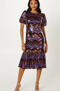 Party Rainbow Sequin Midi Dress With Puff Sleeve