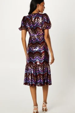 Party Rainbow Sequin Midi Dress With Puff Sleeve