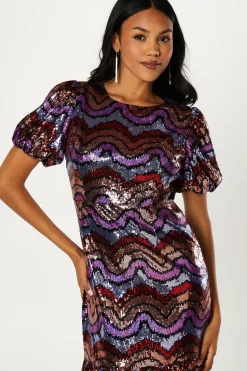 Party Rainbow Sequin Midi Dress With Puff Sleeve