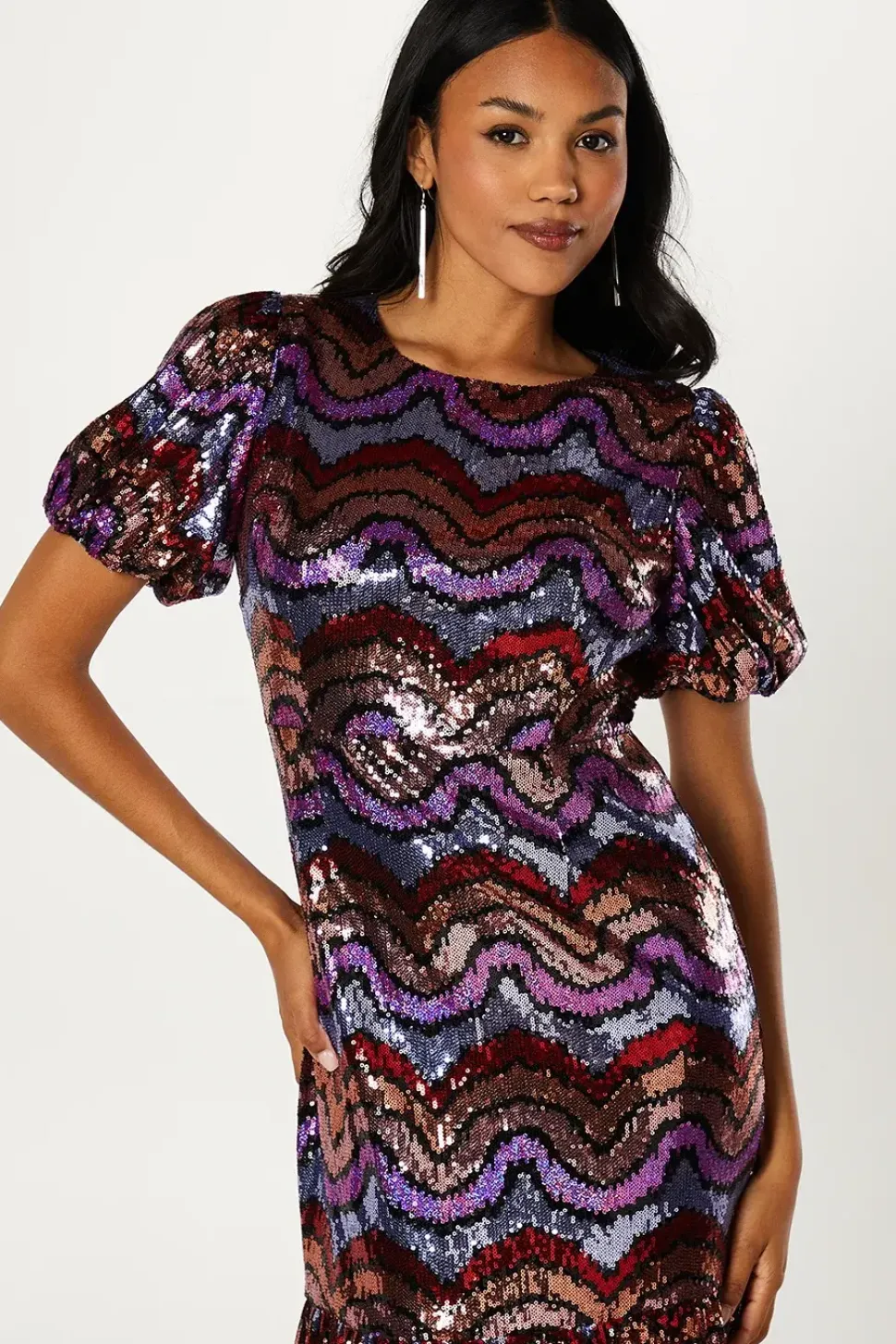 Party Rainbow Sequin Midi Dress With Puff Sleeve