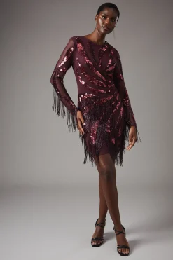 Party Sequin Long Sleeve Fringe Burgundy Mini Dress