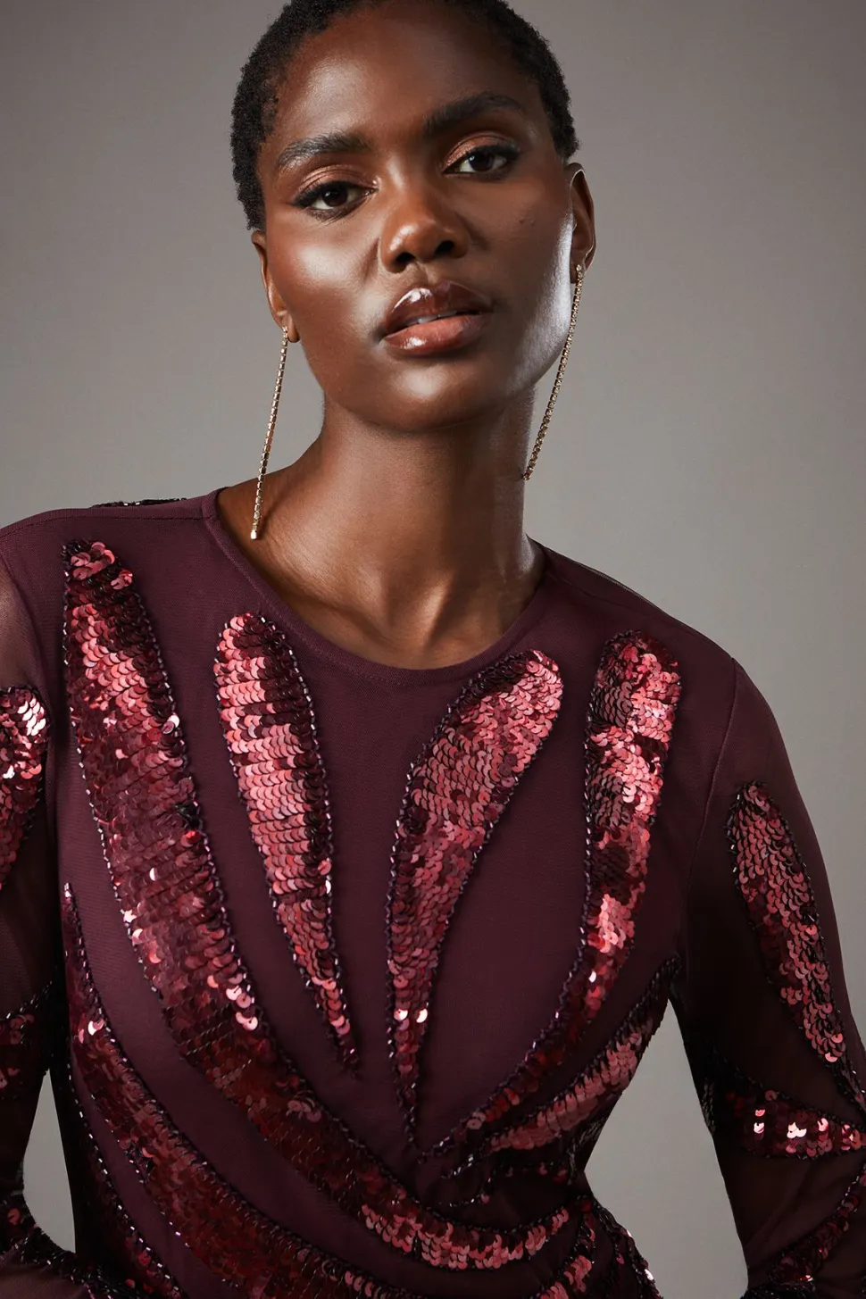 Party Sequin Long Sleeve Fringe Burgundy Mini Dress