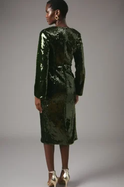 Party Sequin Long Sleeve Velvet Pencil Dress