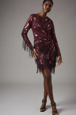 Party Sequin Long Sleeve Velvet Swing Dress